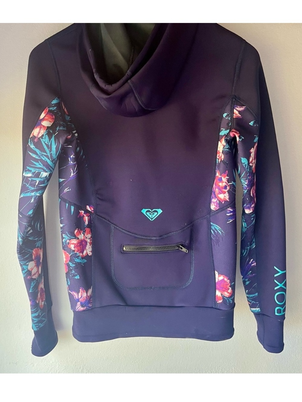 Roxy🩵🌺Wetsuit Jacket Syncro Navy Blue Zip Hoodie Floral Hibiscus Tropical Size 8 - Picture 4 of 8